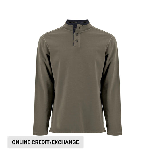 Long-sleeve olive pullover shirt with a buttoned stand collar