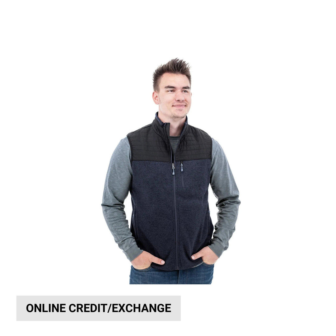 Black and gray fleece vest with zip front and stand collar