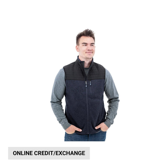 Black and gray fleece vest with zip front and stand collar