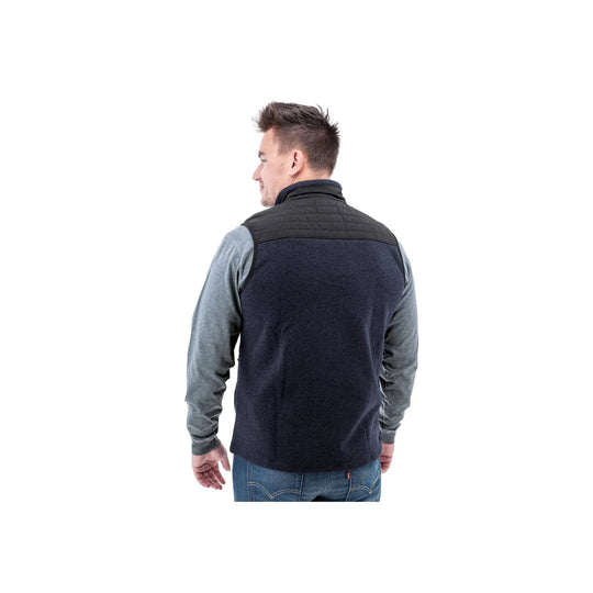Men's black fleece vest with quilted shoulder panels, shown from the back over a gray long-sleeve shirt