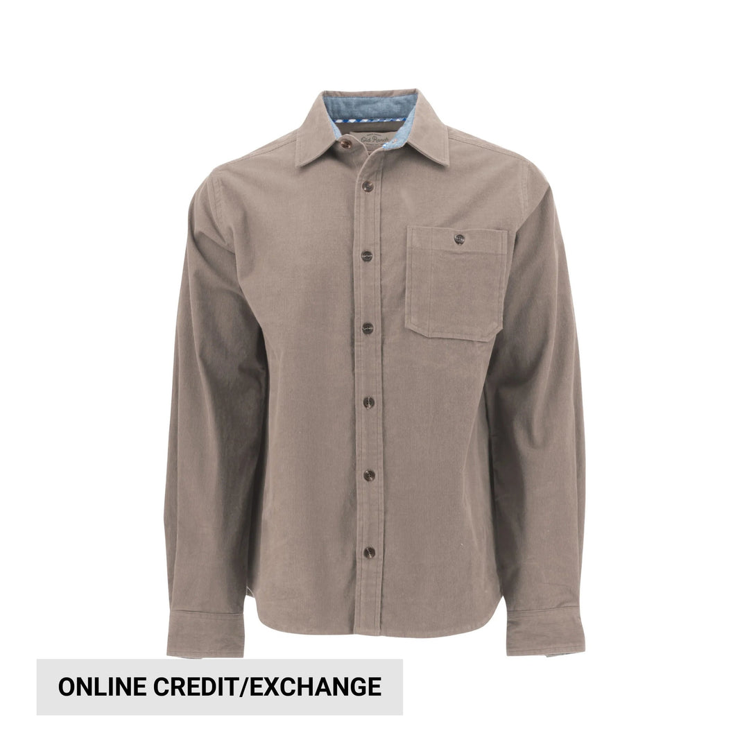 Taupe long-sleeve button-up shirt with a chest pocket and pointed collar, shown front view