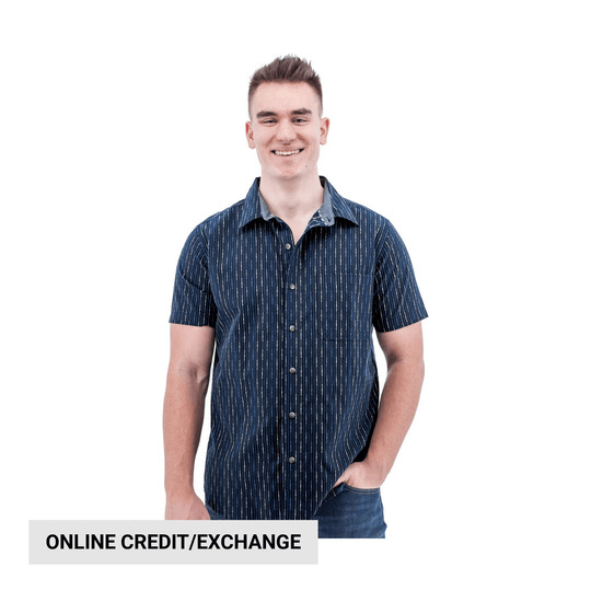 Navy short-sleeve button-up shirt with a subtle striped pattern, shown on a male model, with Online Credit/Exchange text