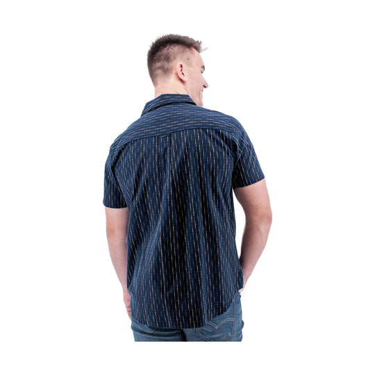 Short-sleeve navy striped button-up shirt shown from the back