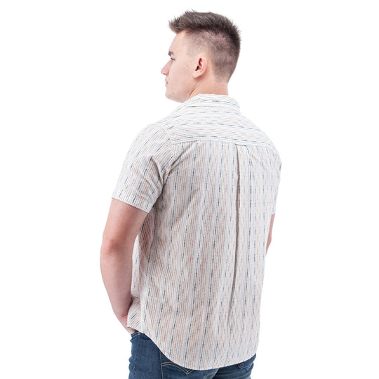 Short-sleeve light striped button-up shirt shown from the back on a male model