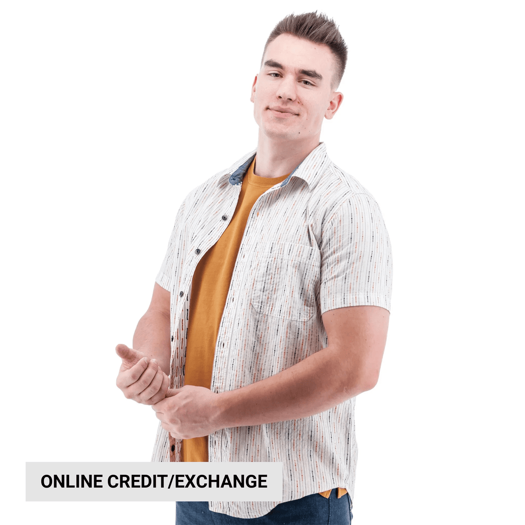 Men's striped short-sleeve button-up shirt over a mustard T-shirt, with an online credit/exchange banner