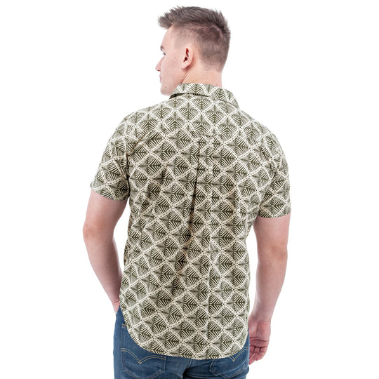 Men's short-sleeve patterned button-up shirt shown from the back