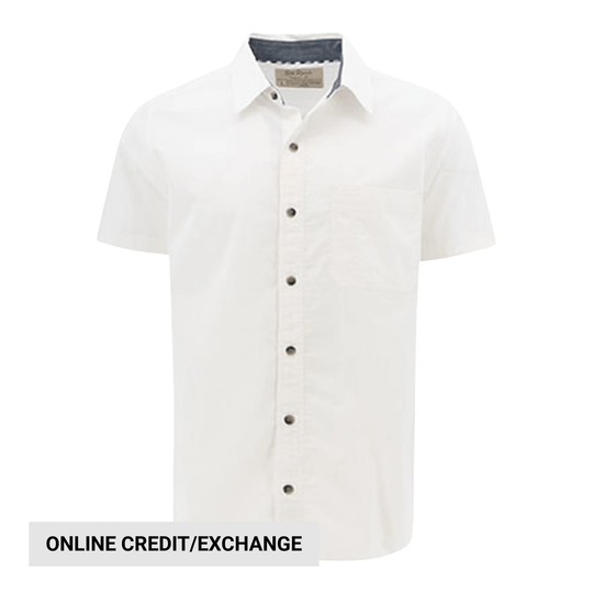 White short-sleeve button-up shirt with five dark buttons and a spread collar