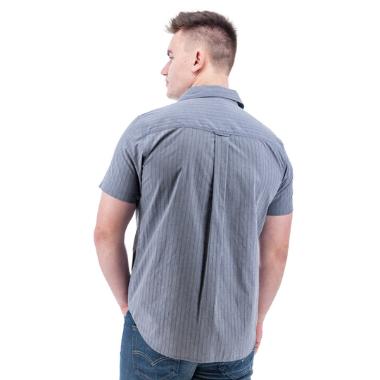Gray short-sleeve button-up shirt shown from the back on a model