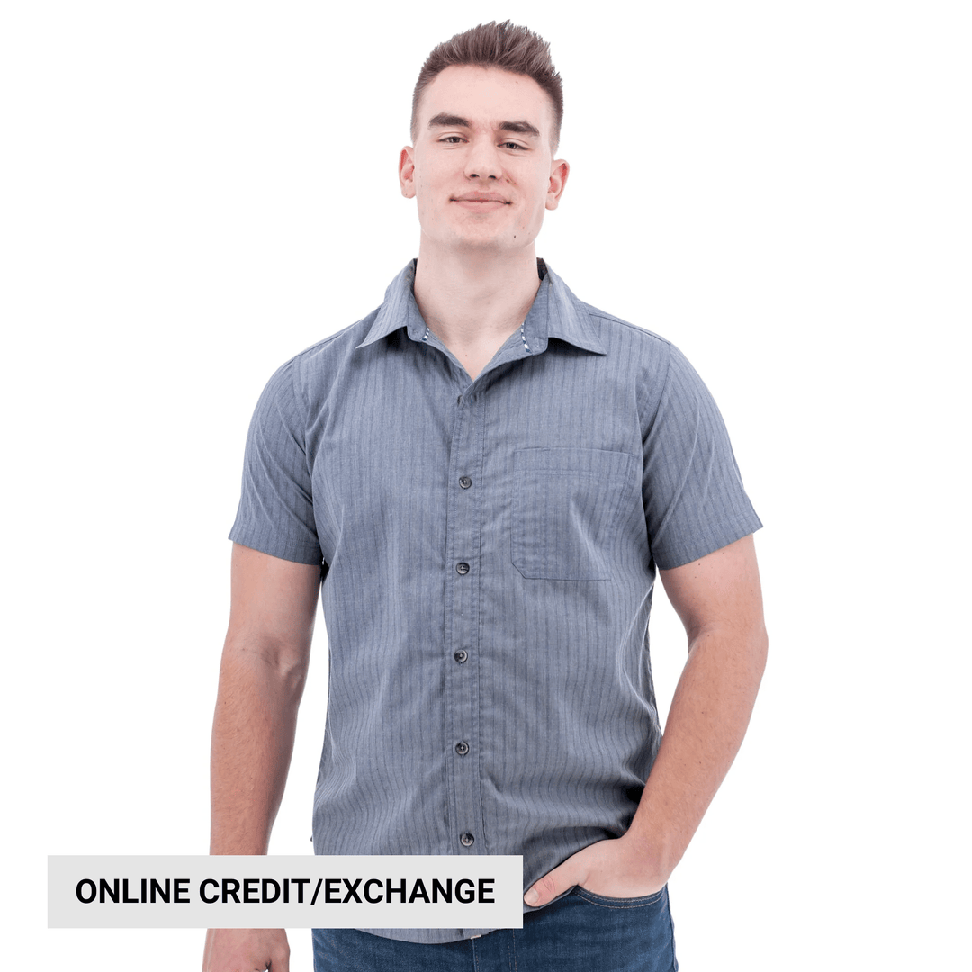 Short-sleeve gray-blue button-up shirt with chest pocket, shown on a model