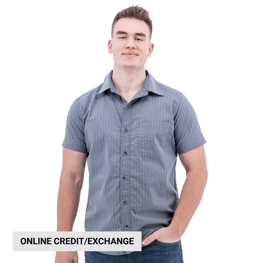 Short-sleeve gray-blue button-up shirt with chest pocket, shown on a model