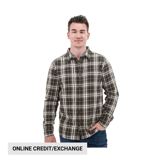 Men's black and white plaid button-up flannel shirt with long sleeves