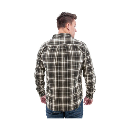 Men's plaid long-sleeve button-up shirt shown from the back