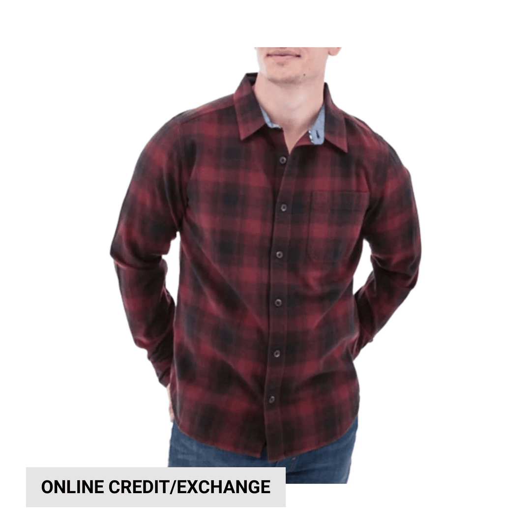 Red and black plaid button-up flannel shirt on a male model