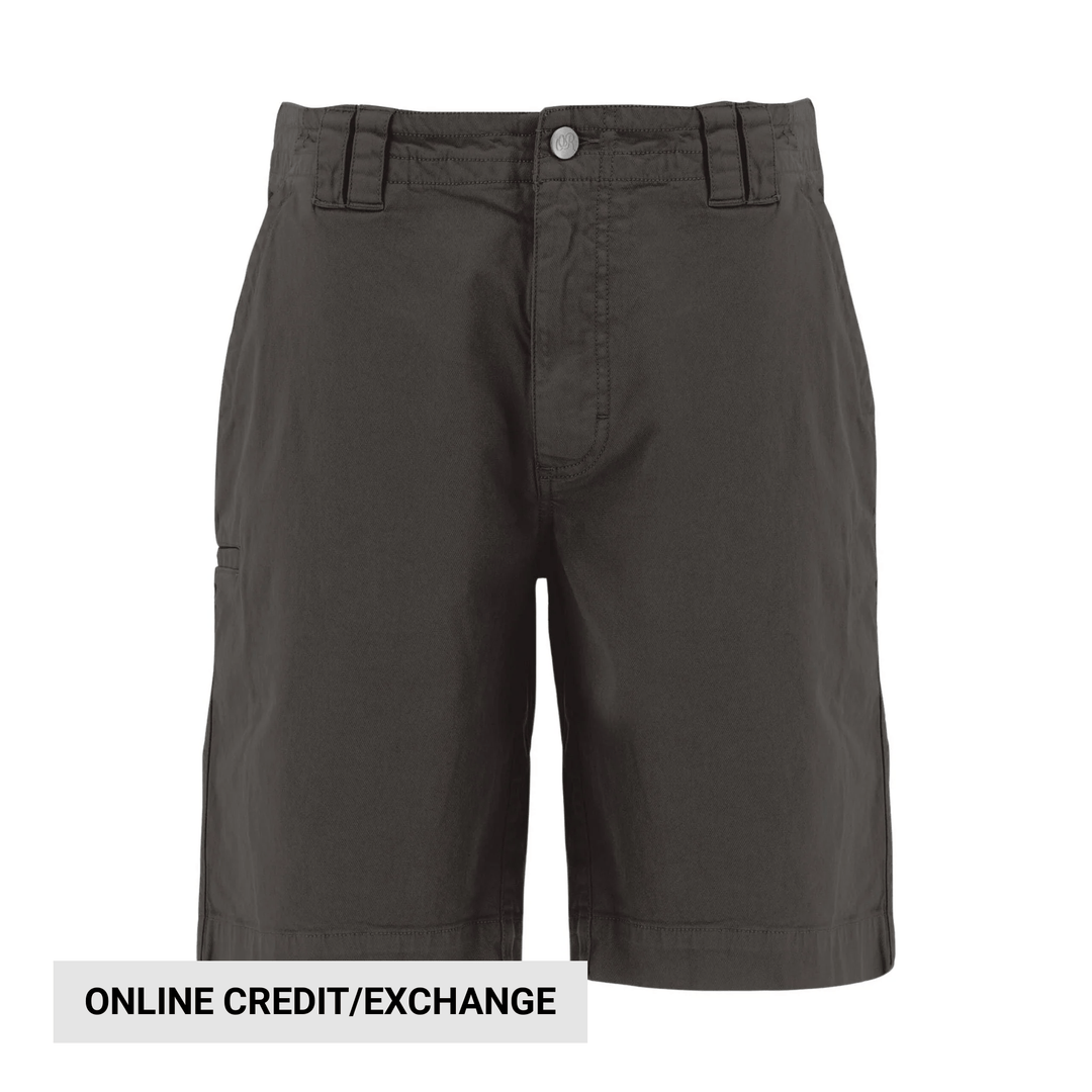 Dark gray men’s shorts with a front button closure and cargo pocket detail