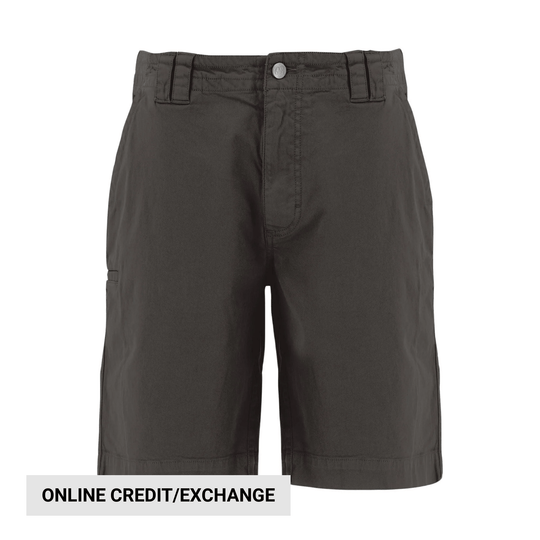 Dark gray men’s shorts with a front button closure and cargo pocket detail