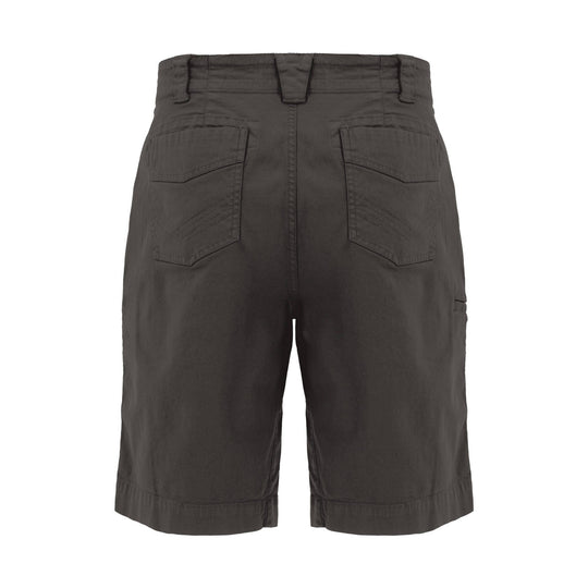 Dark charcoal cargo shorts shown from the back with flap pockets and belt loops