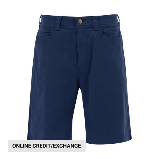 Navy men’s shorts with front pockets and a button waist