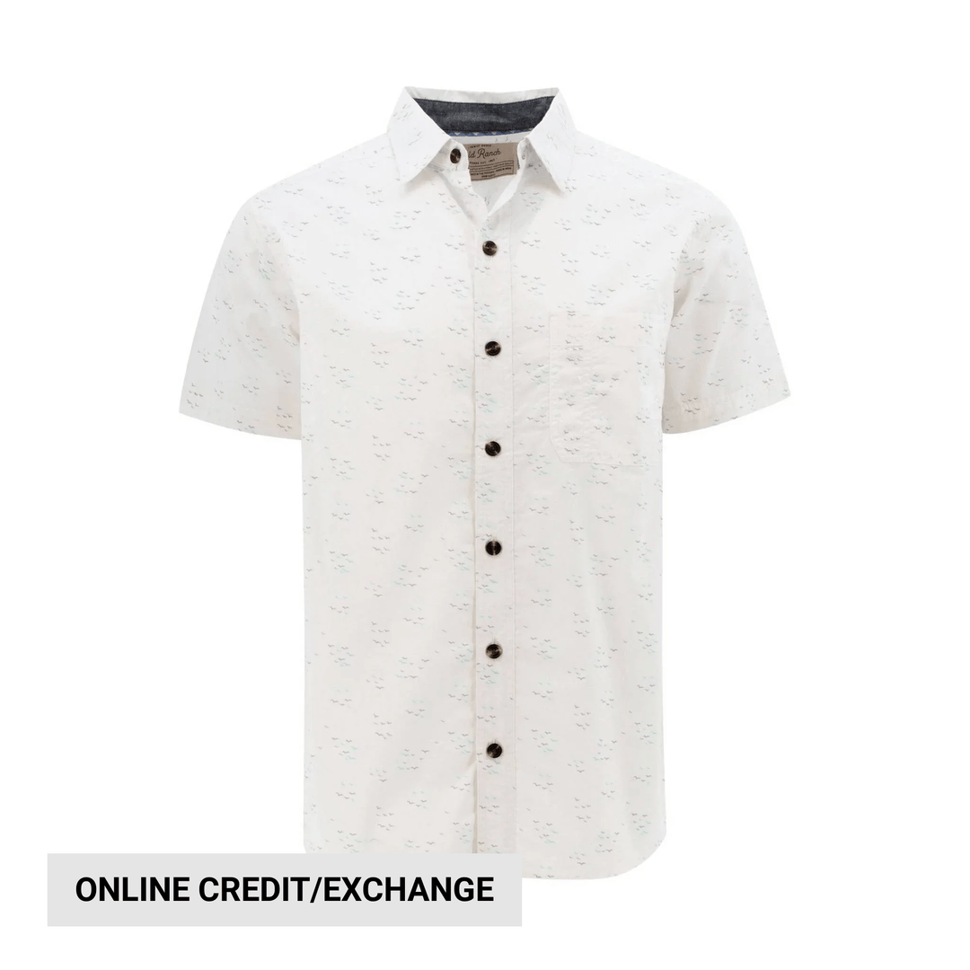 White short-sleeve button-up shirt with subtle bird print and dark buttons