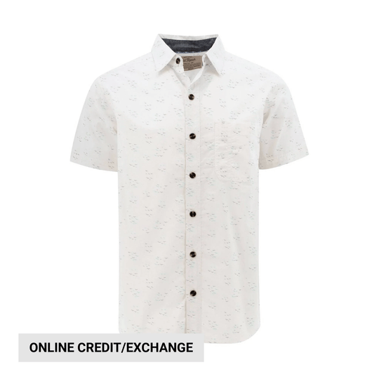 White short-sleeve button-up shirt with subtle bird print and dark buttons