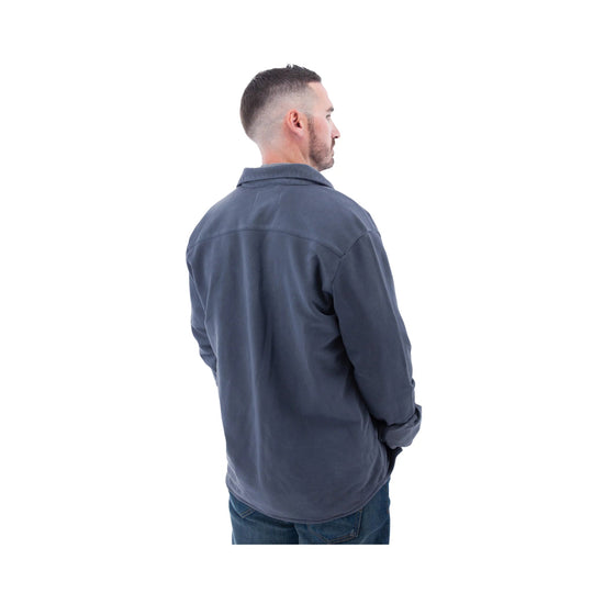 Dark long-sleeve button-up shirt shown from the back on a male model