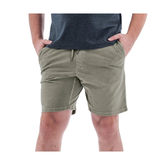 Beige pull-on knit shorts with an elastic waistband and drawstring, shown on a model