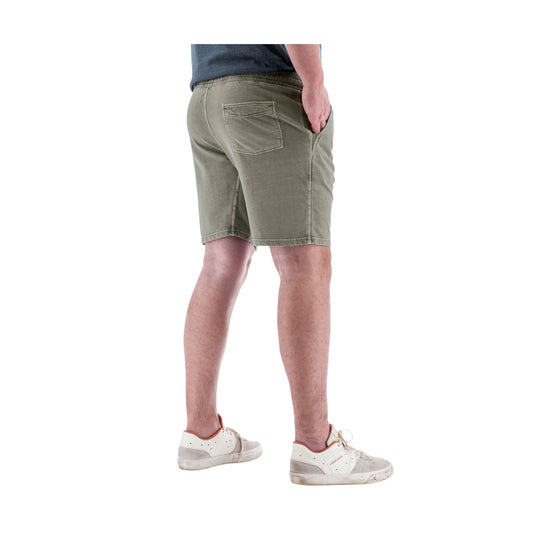 Olive pull-on knit shorts with back pocket and side hand pockets, worn with white sneakers