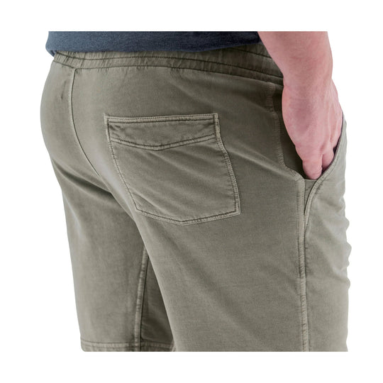 Olive knit pull-on shorts shown from the back with a rear pocket and side hand pocket
