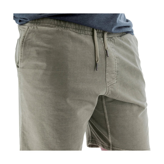 Olive pull-on knit shorts with an elastic waistband, drawstring, and side pocket
