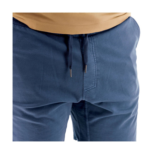 Blue knit pull-on shorts with drawstring waist and front seam detail