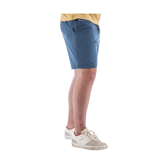 Blue pull-on knit shorts shown on a model in side view