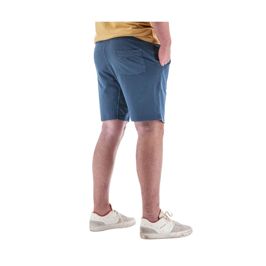 Blue pull-on knit shorts with rear pocket and side pockets