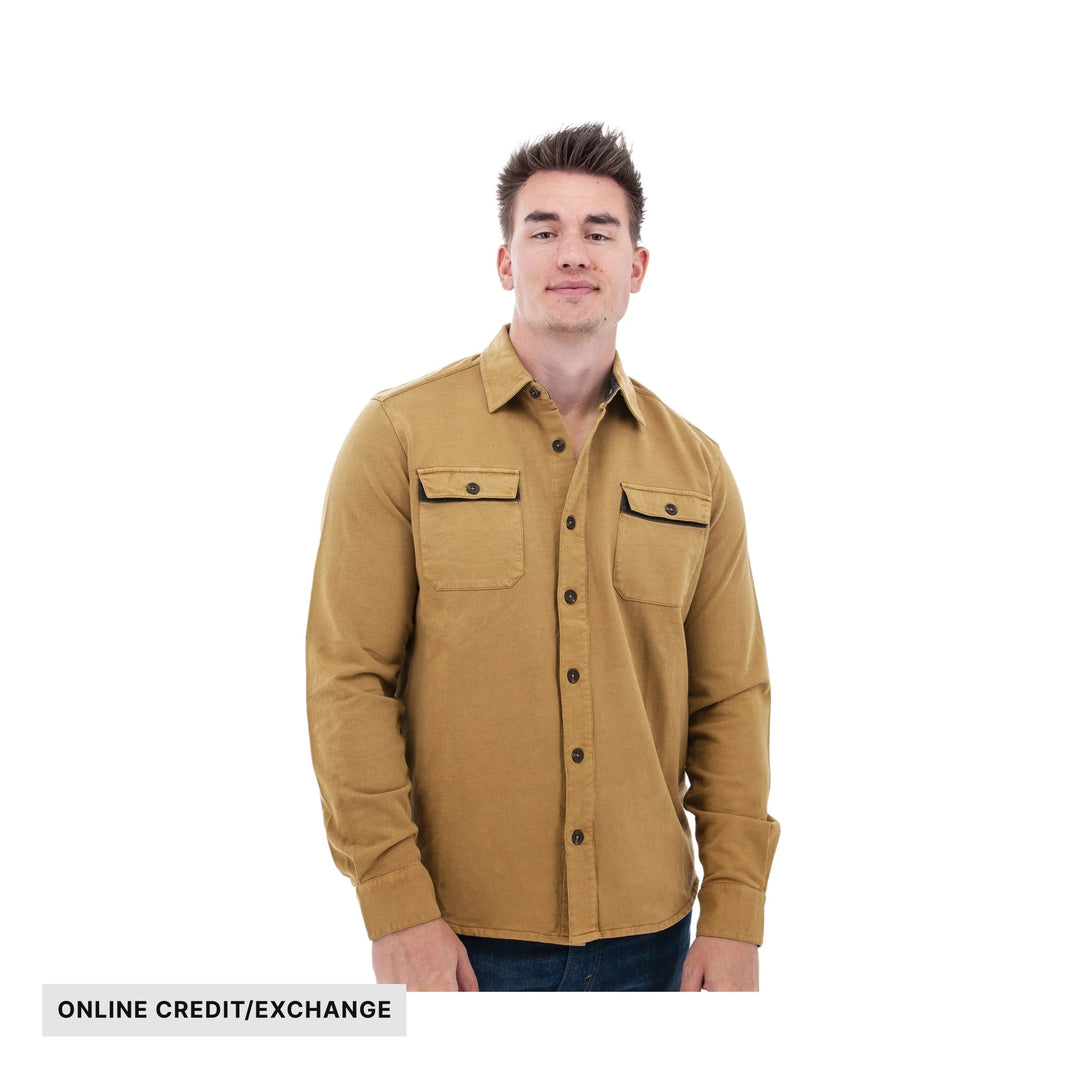 Tan long-sleeve button-up shirt with chest flap pockets and black buttons