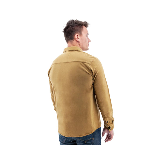 Tan long-sleeve button-up shirt shown from the back with a collar and cuffed sleeves