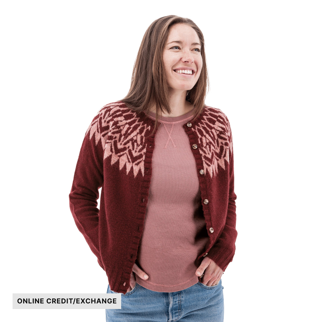 Burgundy and pink Fair Isle cardigan over a ribbed top, with ONLINE CREDIT/EXCHANGE text