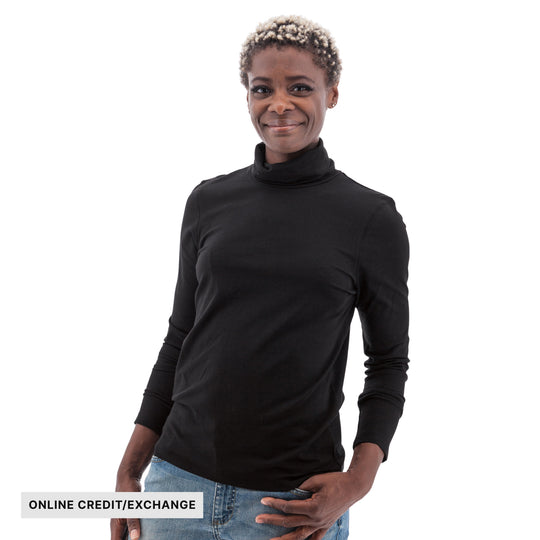 Black long-sleeve turtleneck top on a model