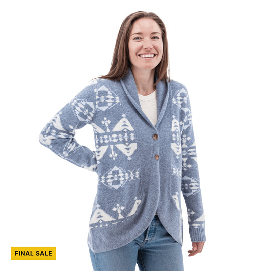 Blue and white patterned shawl-collar cardigan with two buttons and a Final Sale tag