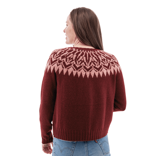 Burgundy fair isle cardigan shown from the back