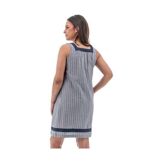 Sleeveless gray striped dress with navy trim, shown from the back