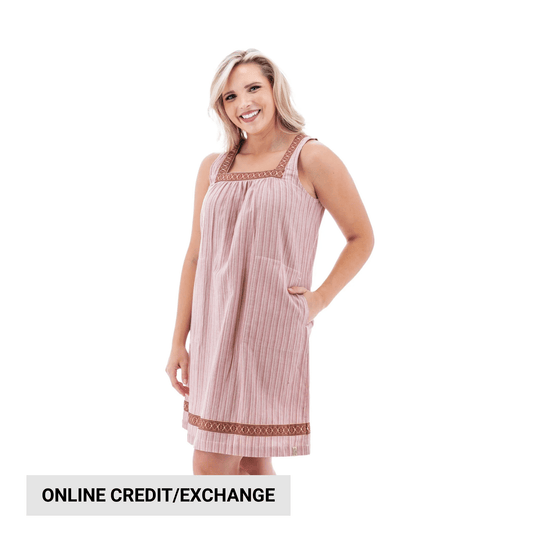 Pink sleeveless dress with square neckline and patterned trim