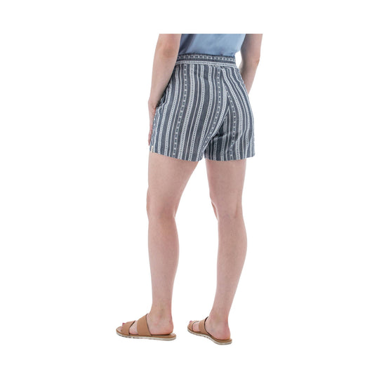 Navy striped women’s shorts on a model, back view
