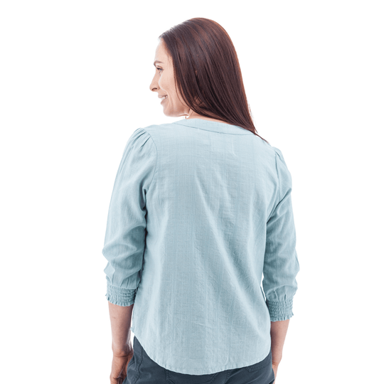 Light blue long-sleeve blouse shown from the back