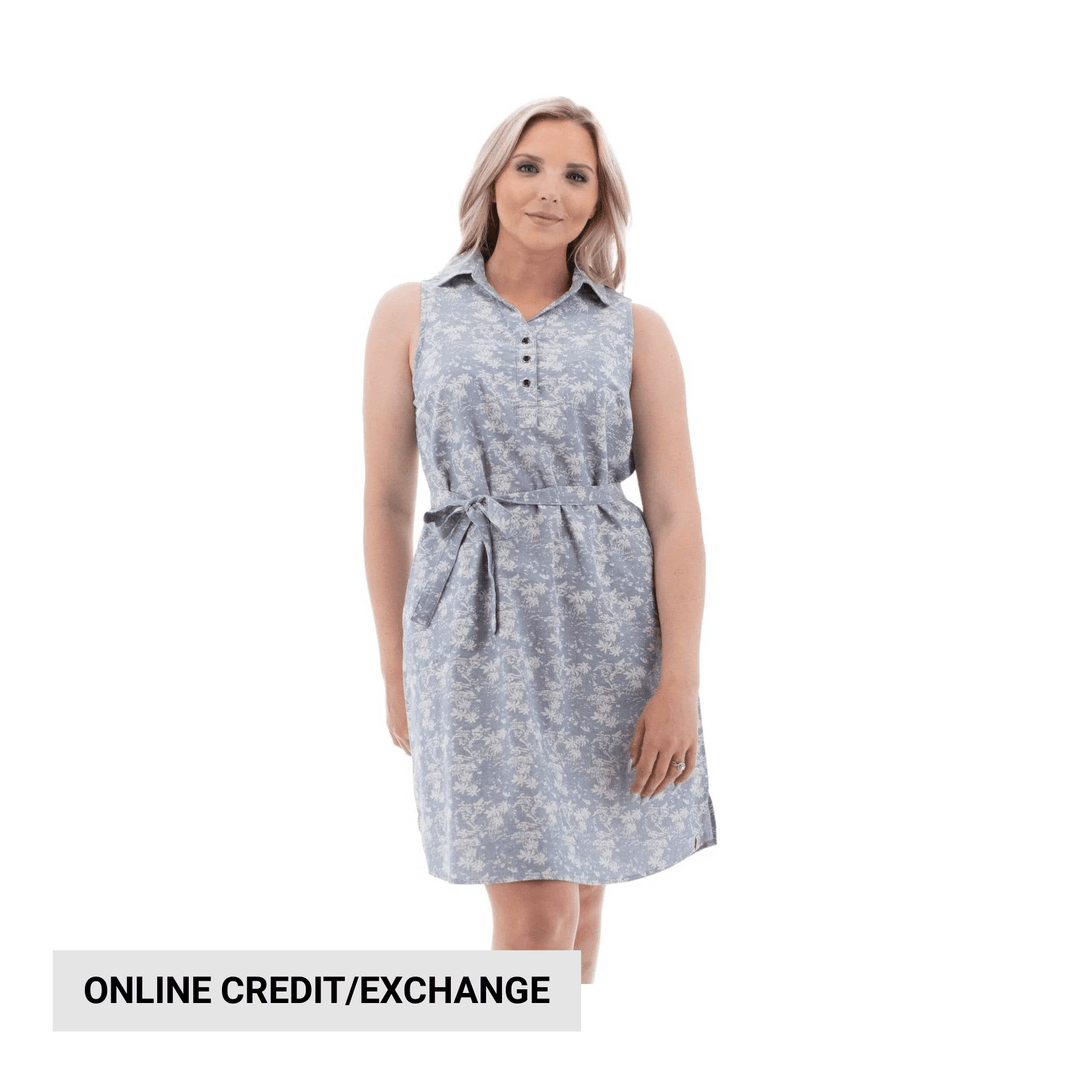 Light blue sleeveless collared dress with button placket and tie waist