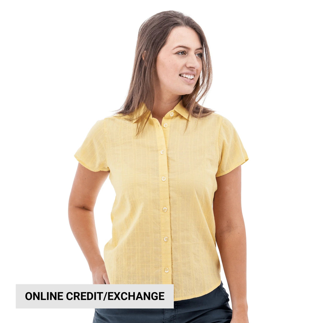 Light yellow short-sleeve button-up camp shirt with textured fabric