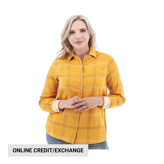 Mustard yellow plaid button-up shirt with rolled cuffs, shown on a model