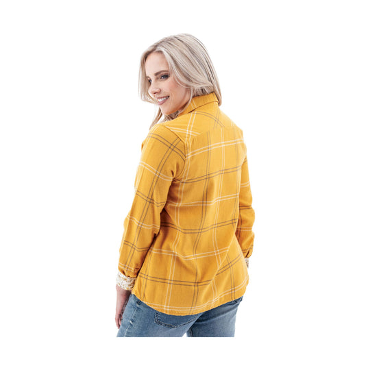 Mustard yellow plaid long-sleeve button-up shirt shown from the back