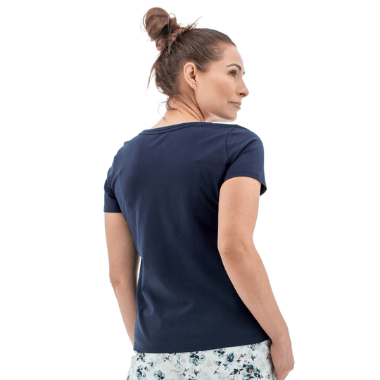 Navy short-sleeve crewneck T-shirt shown from the back