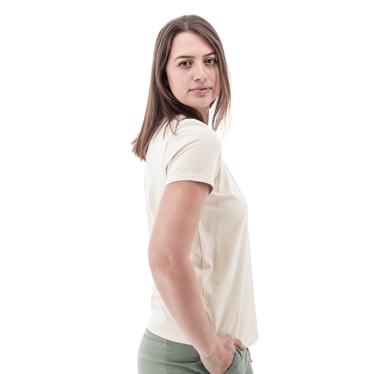 Off-white short-sleeve T-shirt on a woman, shown in side view