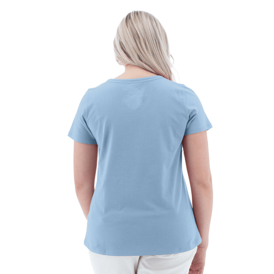 Light blue short-sleeve women's T-shirt shown from the back