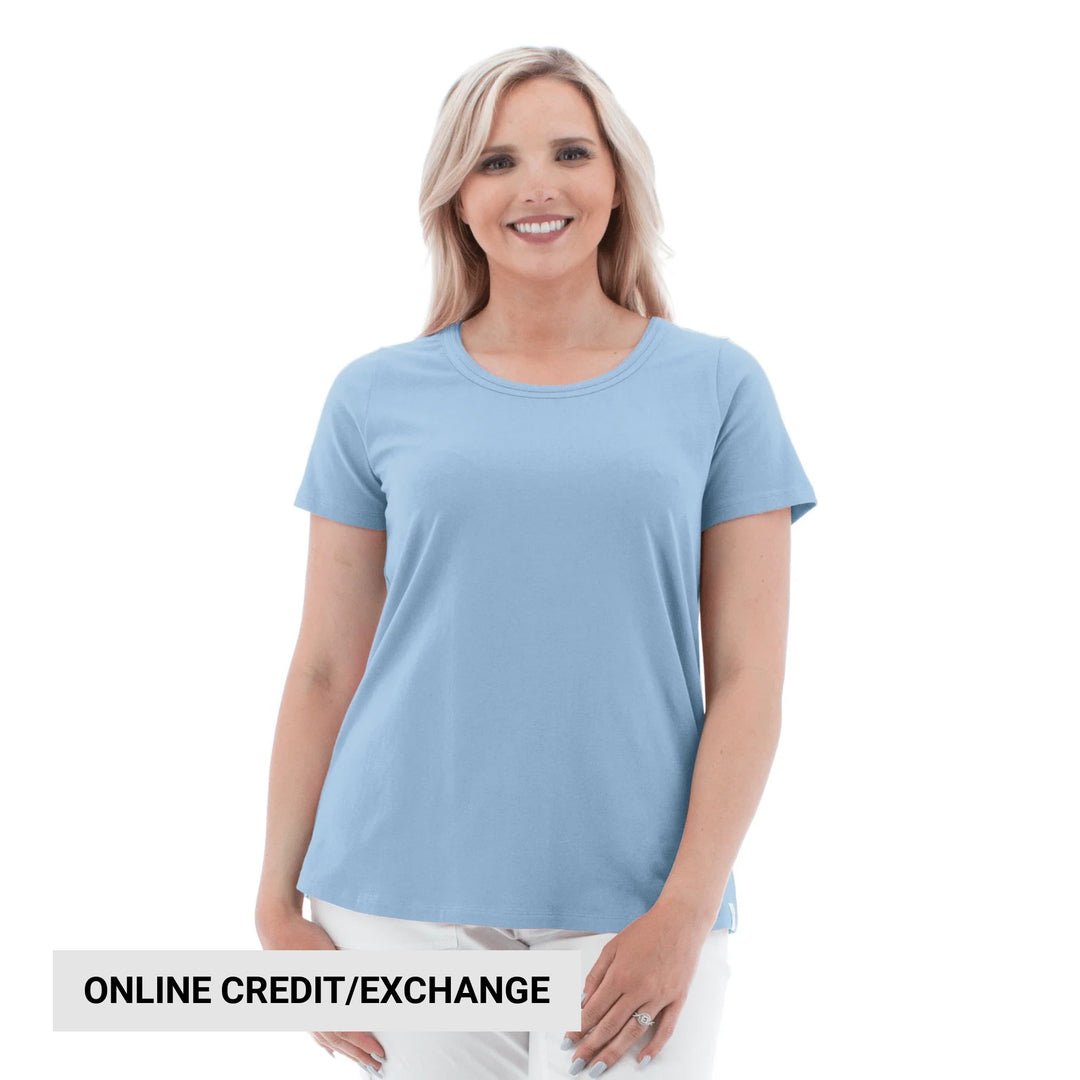 Light blue crewneck T-shirt shown on a woman against a white background