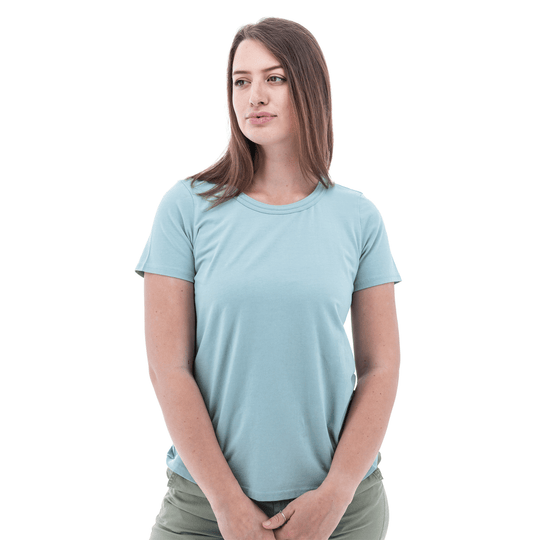 Light blue crewneck T-shirt on a woman, front view